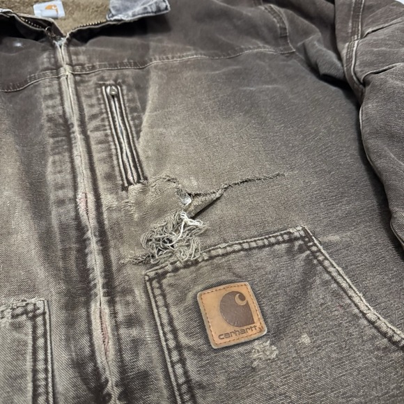 Carhartt Jacket Mens 3XL Brown Canvas Full Zip Sherpa Lined Distressed C61-DKB - Picture 2 of 10